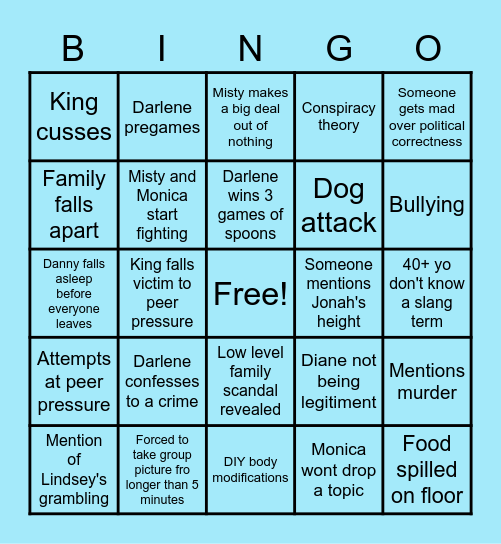 LeClair (?) Family gathering Bingo Card