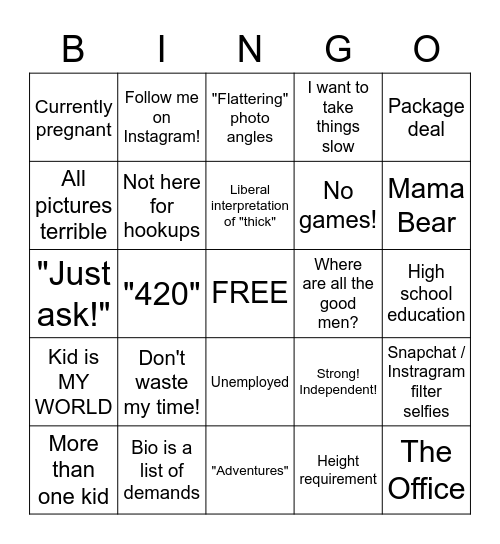 Tinder Single Mom Bingo Card