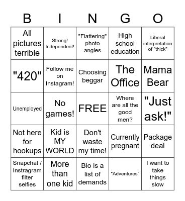 Tinder Single Mom Bingo Card