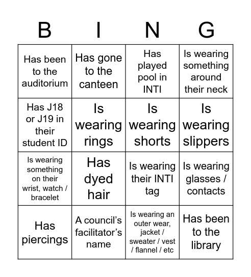 WELCOME WEEk Bingo Card