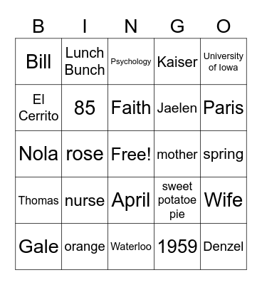 Gale's Seaside Birthday Bingo Card