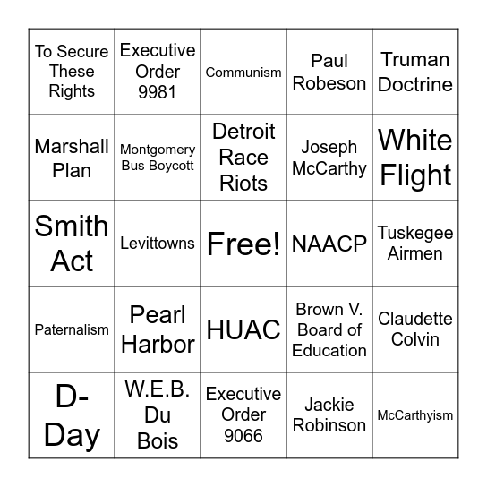 Cold  War Civil Rights Bingo Card