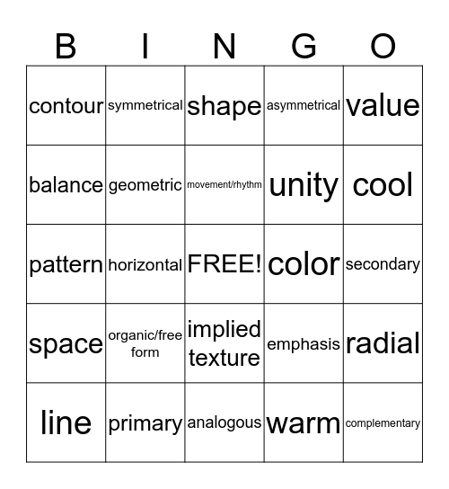 Art Elements and Principles BINGO Card
