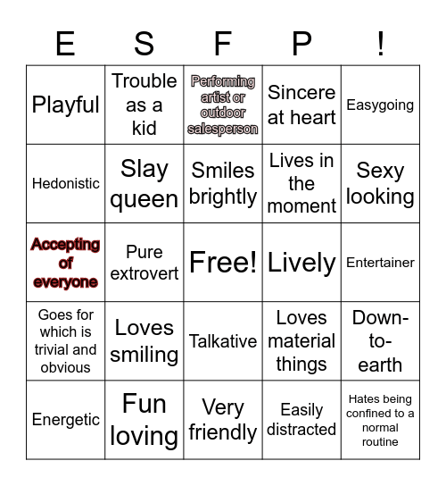 ESFP MBTI Bingo Card