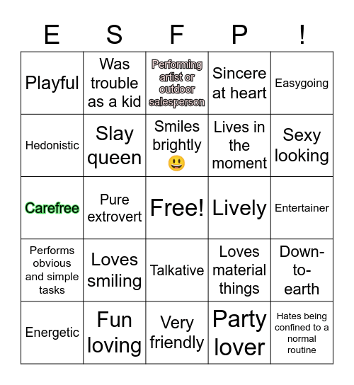 ESFP MBTI Bingo Card