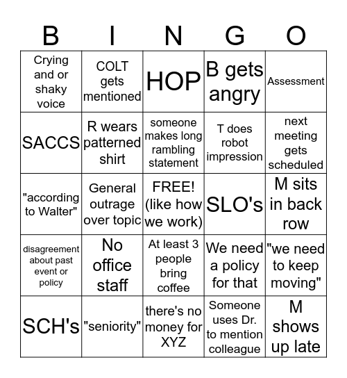 Faculty Meeting  Bingo Card