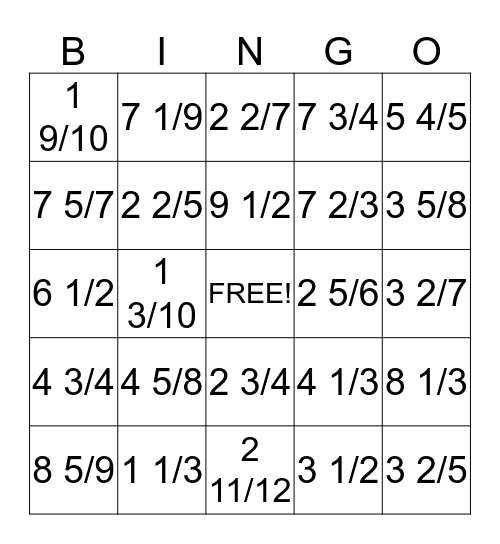Improper to Mixed Fraction Bingo Card