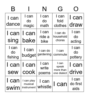 Things I can do Bingo Card