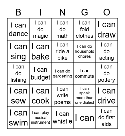 Things I can do Bingo Card