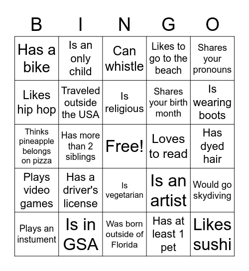 Get to Know You Bingo Card