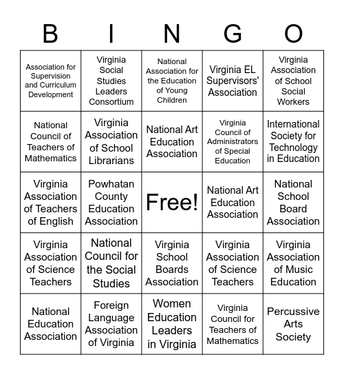 Professional Organizations Bingo Card