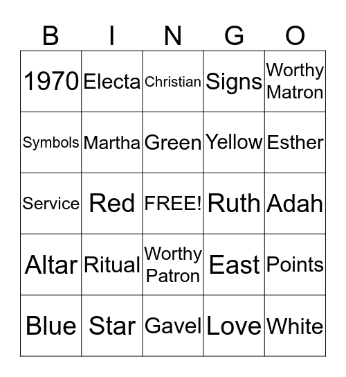 East Cooper Chapter #365 OES Bingo Card