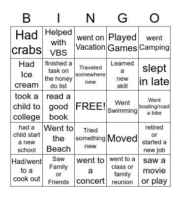 Summer Fun Bingo Card