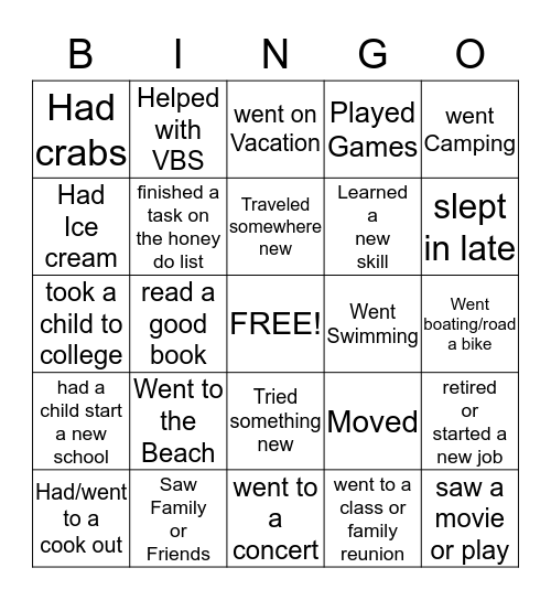 Summer Fun Bingo Card