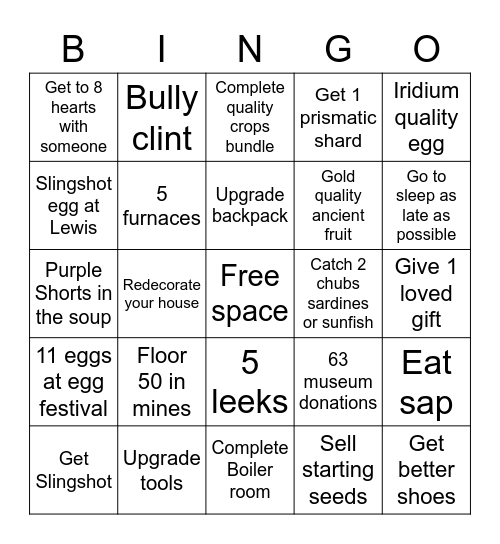 Stardew valley bingo Card