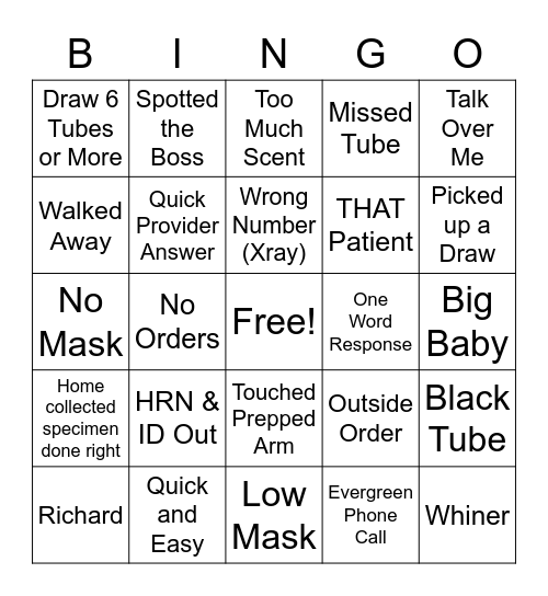 PHLEBOTOMY Bingo Card