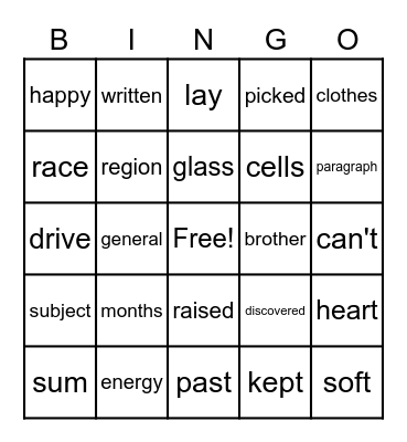 Fry #6 Bingo Card
