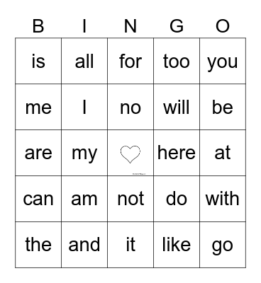 Heart Words Bingo Card