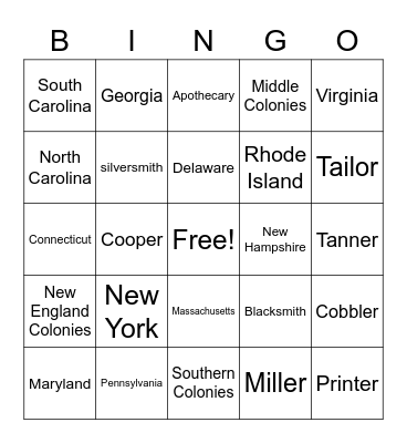 13 Colonies and Colonial Americans Jobs Bingo Card