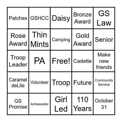 Girl Scout Words Bingo Card