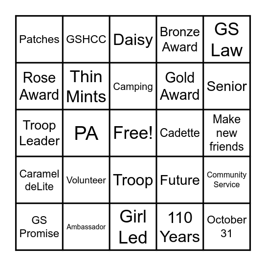 Girl Scout Words Bingo Card