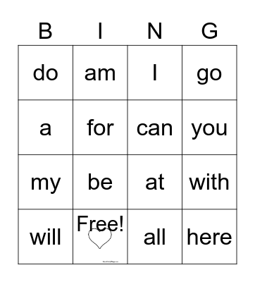 Heart Words Bingo Card