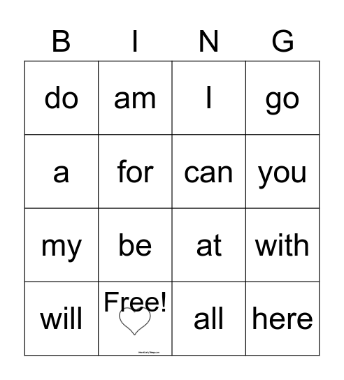 Heart Words Bingo Card