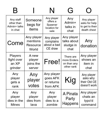 Gridcraft Minecraft Server Bingo Card