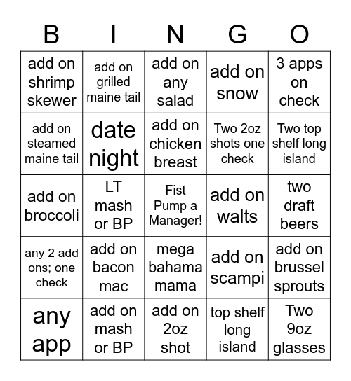 Add On Bingo Card