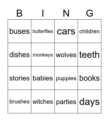 Plurals Bingo Card