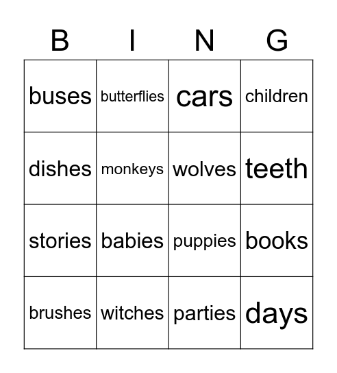 Plurals Bingo Card