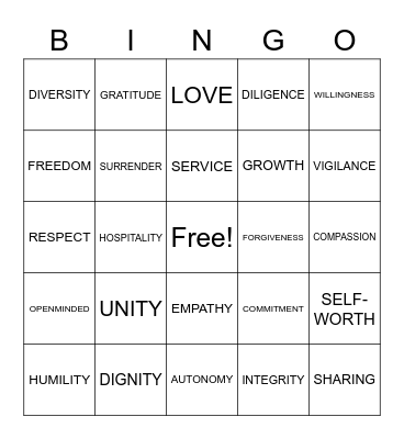 Spiritual Principals BINGO Card