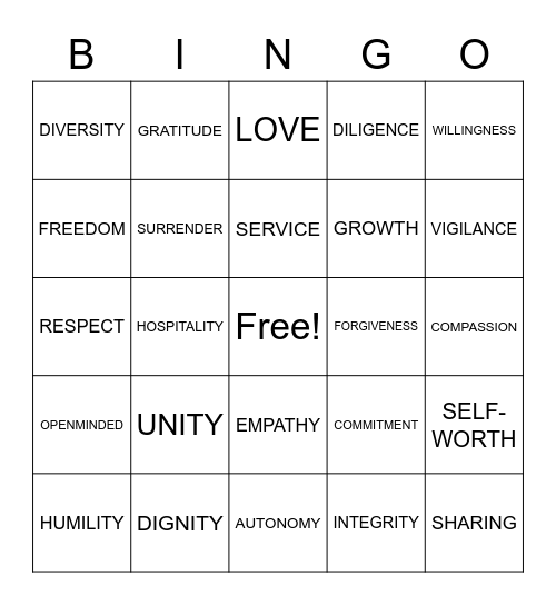 Spiritual Principals BINGO Card