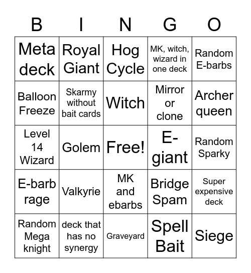 Midladder Bingo Card