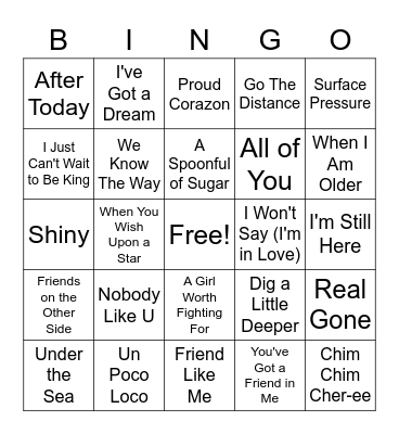 Disney Music Bingo Card