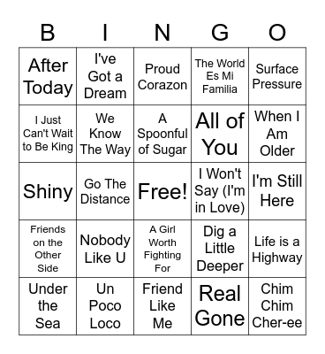 Disney Music Bingo Card