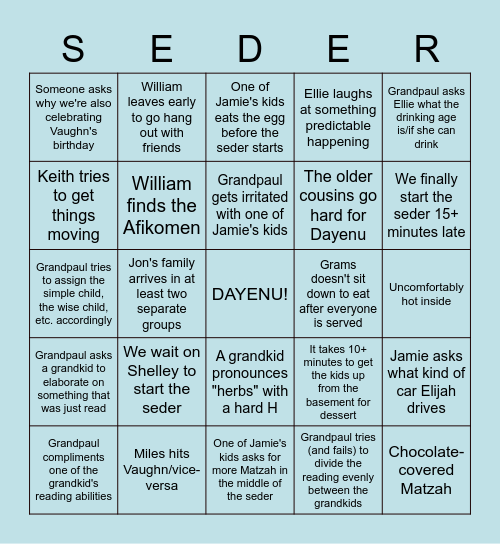 Passover Bingo Card