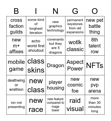 WoW 10.0 Announcement Bingo Card
