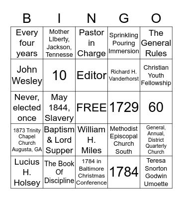 Christian Methodist Episcopal Church History Bingo Card