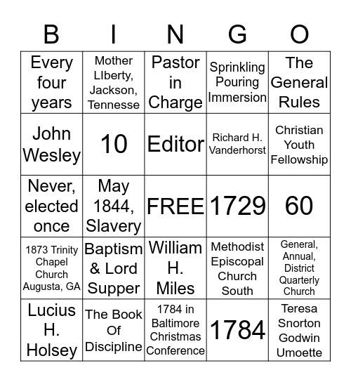 Christian Methodist Episcopal Church History Bingo Card