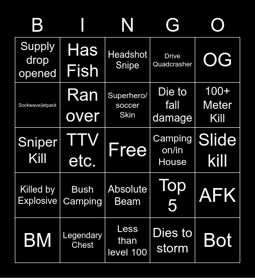 Fortnite Chapter 3 Bingo Card