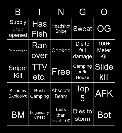 Fortnite Chapter 3 Bingo Card