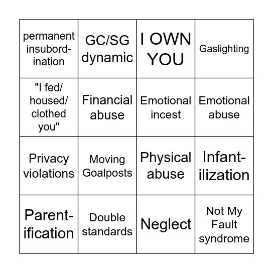 Abusive Parent Bingo Card