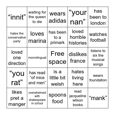 England Bingo Card