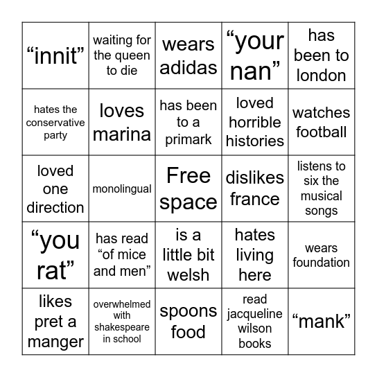 England Bingo Card