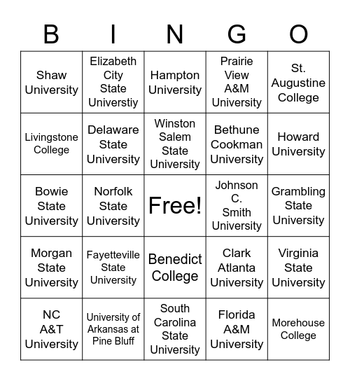 HBCU BINGO Card