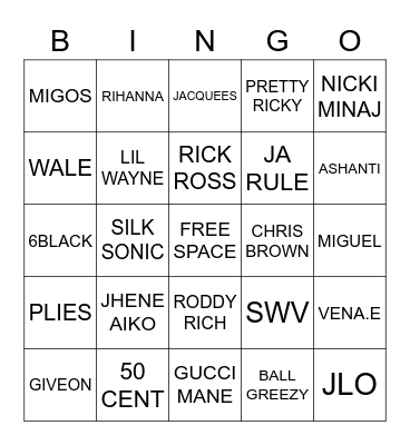 HIP-  HOP & RNB Bingo Card