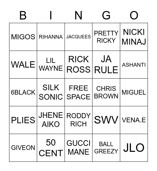HIP-  HOP & RNB Bingo Card