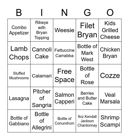 Carrabba's Bingo Card