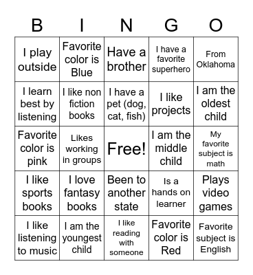 All About Me! Bingo Card